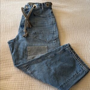 Free People Light Blue Barrel Denim with Patch and Rope Detail